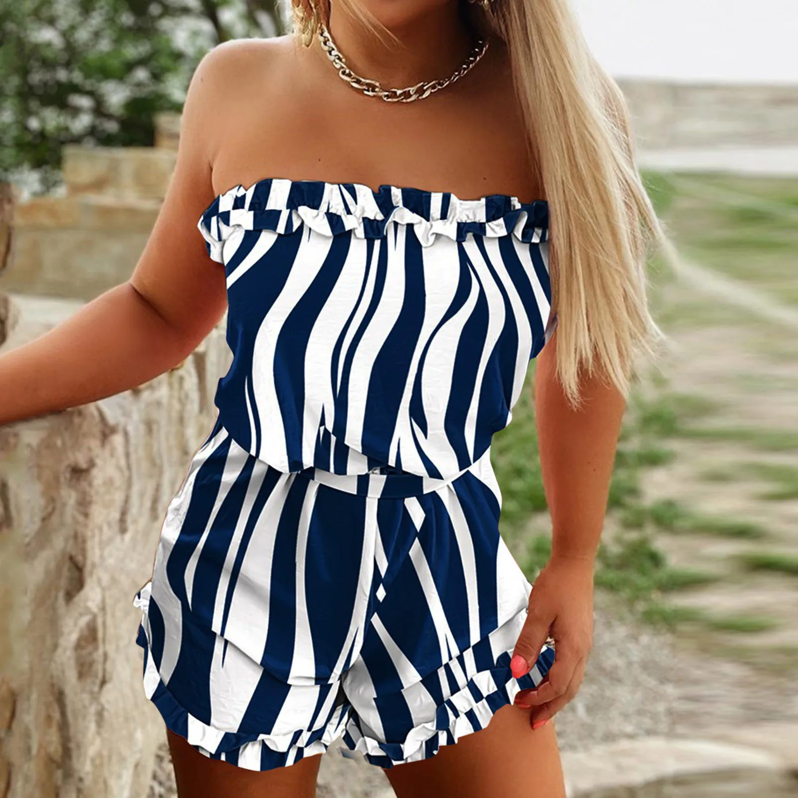 

Women's Sexy Striped Printing Strapless Sleeveless Tank Jumpsuits Ruffles Jumpsuit Rompers With Belt Fashion Casual Streetwear