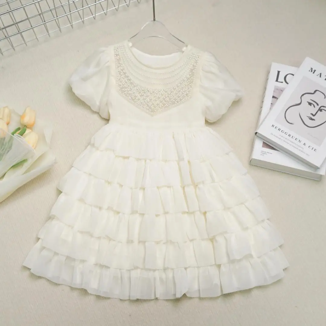 

Retail New Baby Girls Boutique Beading Mesh Cake Flower Dress, Princess Kids Elegant Solid Party Birthday Dress Holiday 2-8T