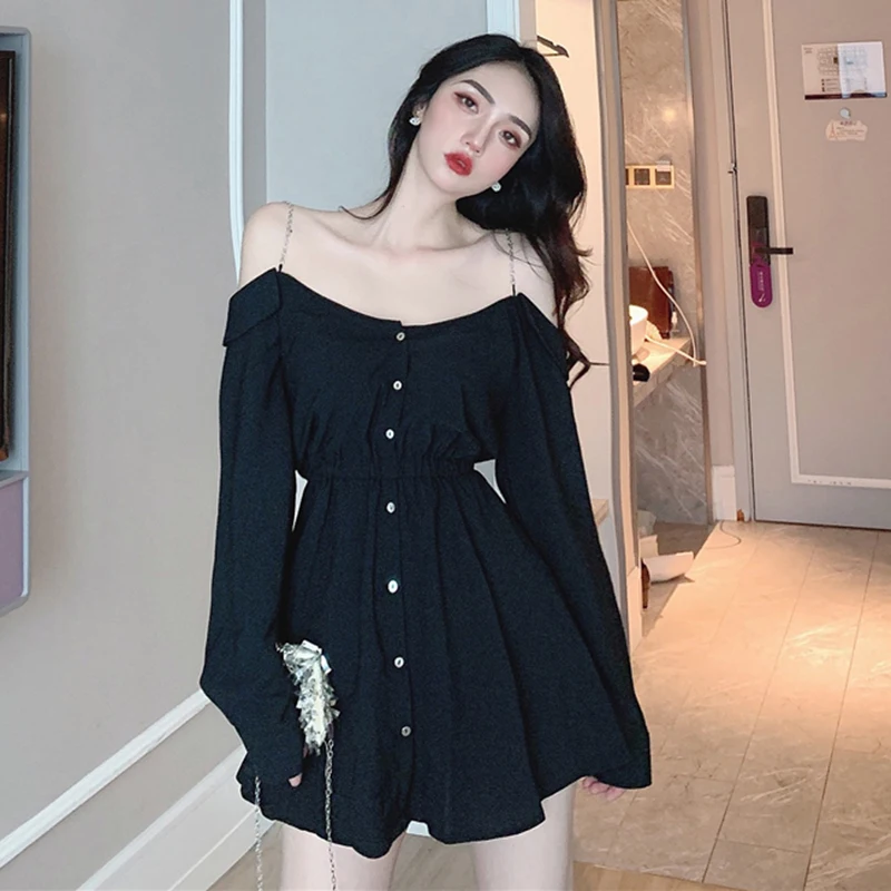 

Spring Summer 2020 Punk Style Gothic Girls Sexy High Waist Sling Dress Women Long Sleeve Off Shoulder Mini Dresses Plus Size