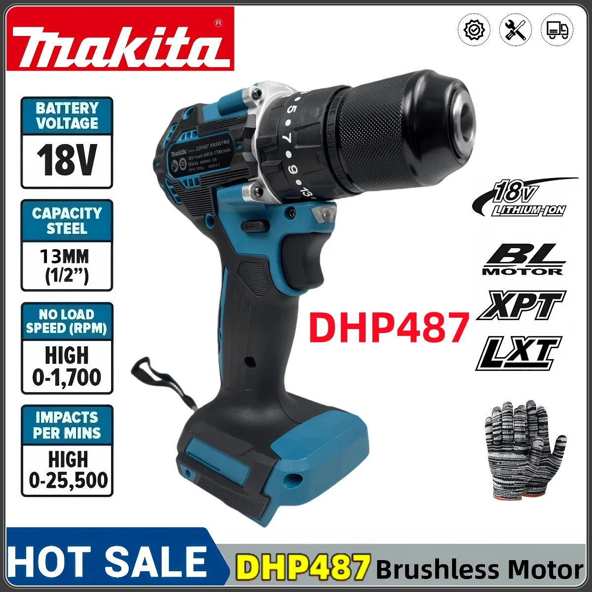 Makita Новый DHP487 13 мм Аккумуляторная ударная дрель 18VLXT Бесщеточный двигатель
