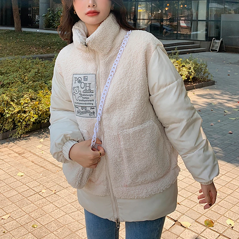 Lamb Wool Stitching Contrast Color Front Back Double-wear Cotton Jacket Pockets Winter 2022 Outerwear