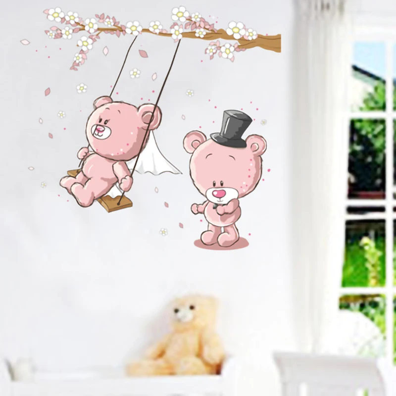 

Pink Bear Wall Stickers Cartoon Removable Wallpapers Wall Decals for Kids Room Bedroom Decoration DIY Stickers