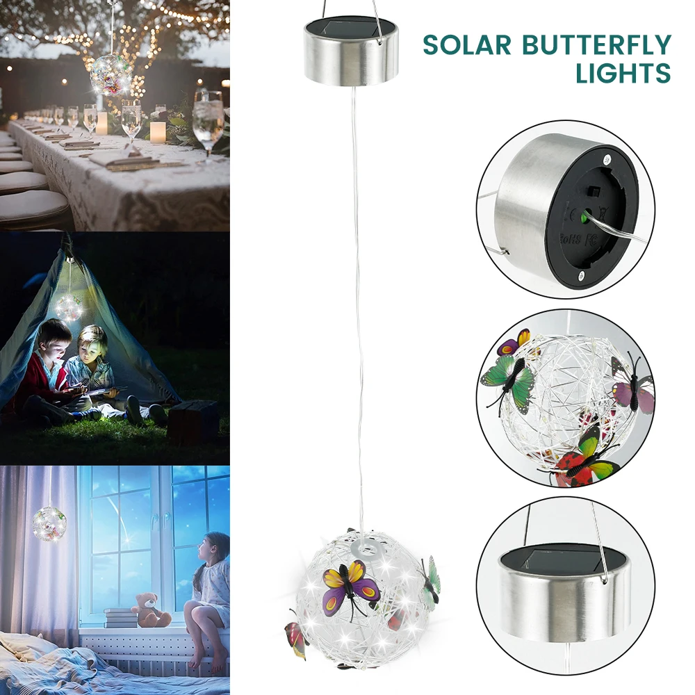 

New Solar Lighted Hanging Mesh Orb with Colorful Butterflies, Metal Butterfly Pendant Outdoor Solar Landscape ​Lamp, LED Fairy
