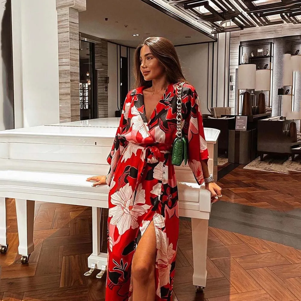 

2022 Summer Women Dress Fashion Chic Floral Printing Patchwork Long Sleeve Pleated V-neck Western Style Elegant Ladies Dress