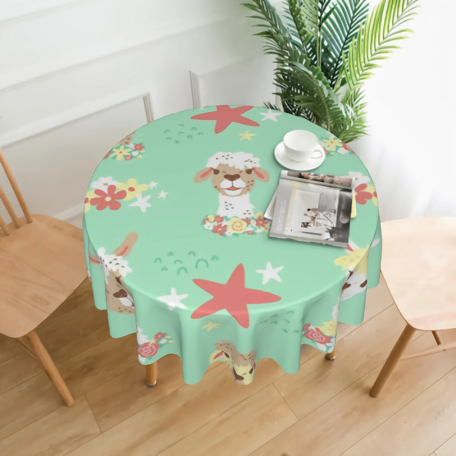 

Llamas Faces And Flowers Round Tablecloth Waterproof Funny Animal Alpaca Sheep Table Cloth Wrinkle Free Decorative Tablecloths