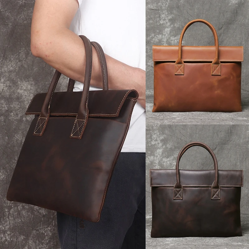 

Retro Men's Briefcase Leather Casual Handbag Top Layer Cowhide Business Tablet Bag Thin Clutch For 15 Inch Laptop