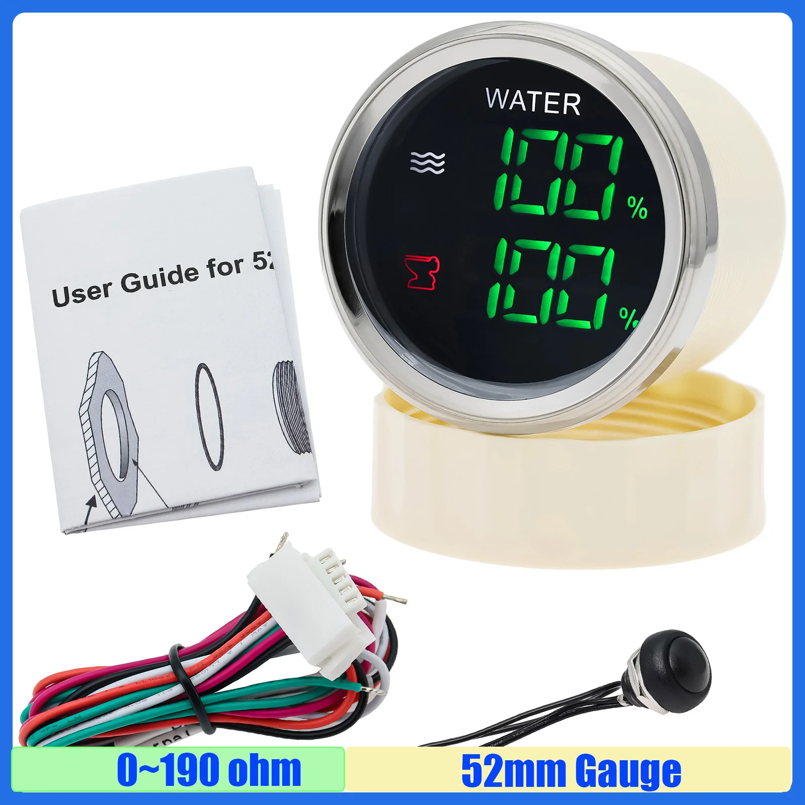 

Новый двойной датчик 52 мм с сигнализацией, цифровой зеленый светодиодный измеритель уровня воды + измеритель уровня воды, измеритель температуры воды, вольт 12 В 24 В, на заказ