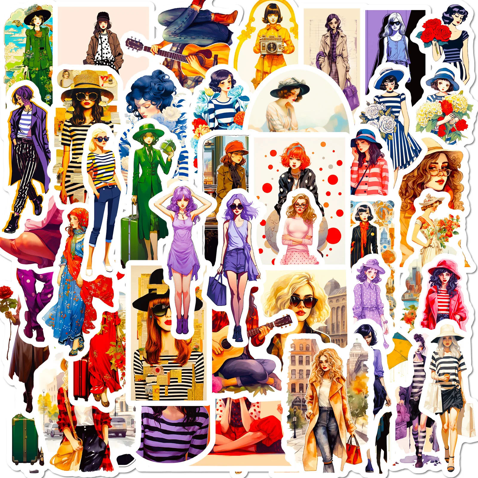

50PCS Cute City Girl Sticker Hot Selling Dopamine Girls Wearing Graffiti DIY Ledger stickers