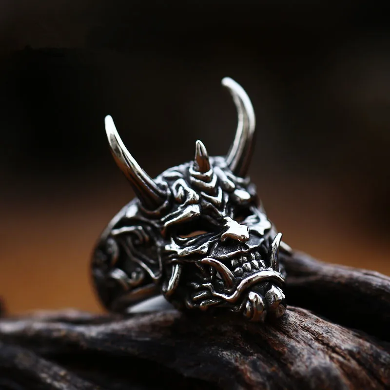 

New Japanese Hannya Mask Horn Stainless Steel Mens Rings Punk Trendy for Boyfriend Male Jewelry Creativity Gift Wholesale