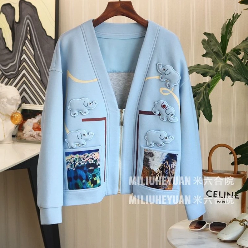 

Женское игривое и состаренное художественное пальто на молнии с принтом слона