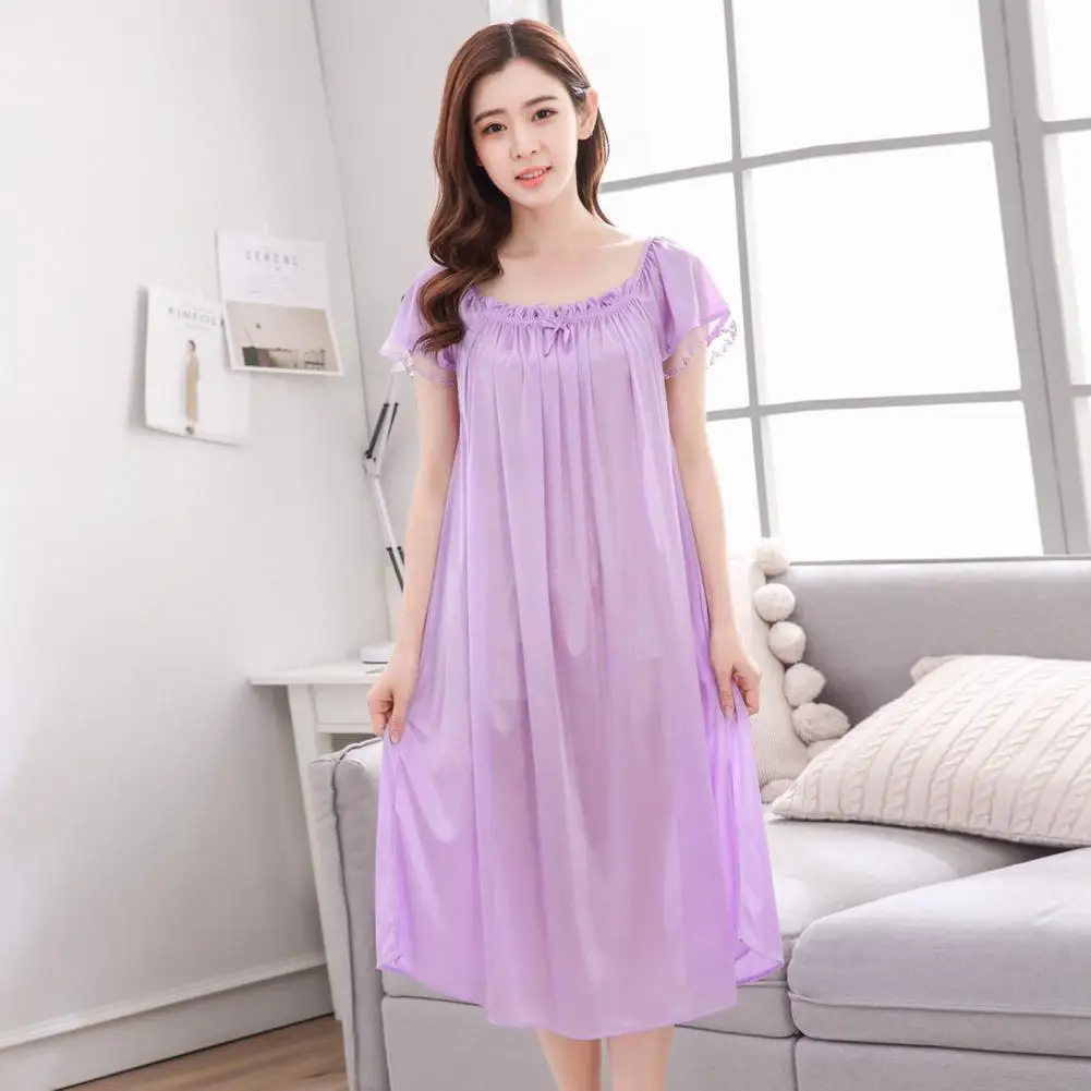 

Nightie Dress Solid Color Soft Silky Quick Dry Loose Type Women Pajamas Women Pajamas for Adult