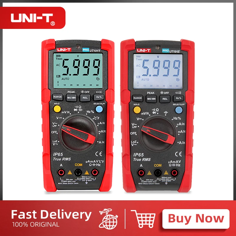 

UNI-T UT191E/UT191T True RMS Professional Multimeter CAT III 600V IP65 2m Drop Proof Auto Backlight 20A Current Measurement