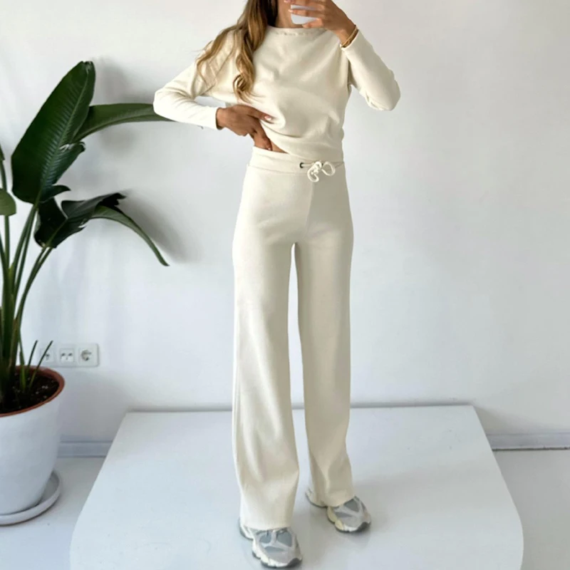 

Элегантный свободный спортивный костюм с длинным рукавом, Женский трикотажный однотонный костюм в рубчик, Модный пуловер с круглым вырезом, топы и брюки на шнуровке, костюмы