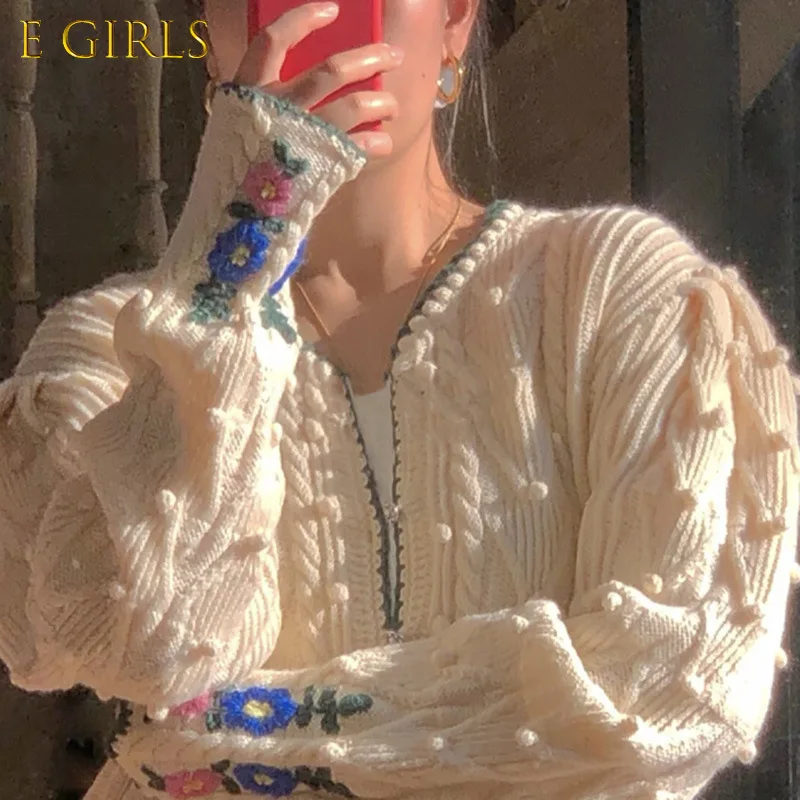

E GIRLS Sweet Fashion Knitted Cardigan Autumn Winter New Women New Sweater Coat Chic Floral Balls Knitwear Outwear