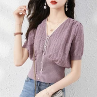 fashion v neck solid color beading oversized blouse casual pullovers 2022 summer new loose womens clothing commute shirt
