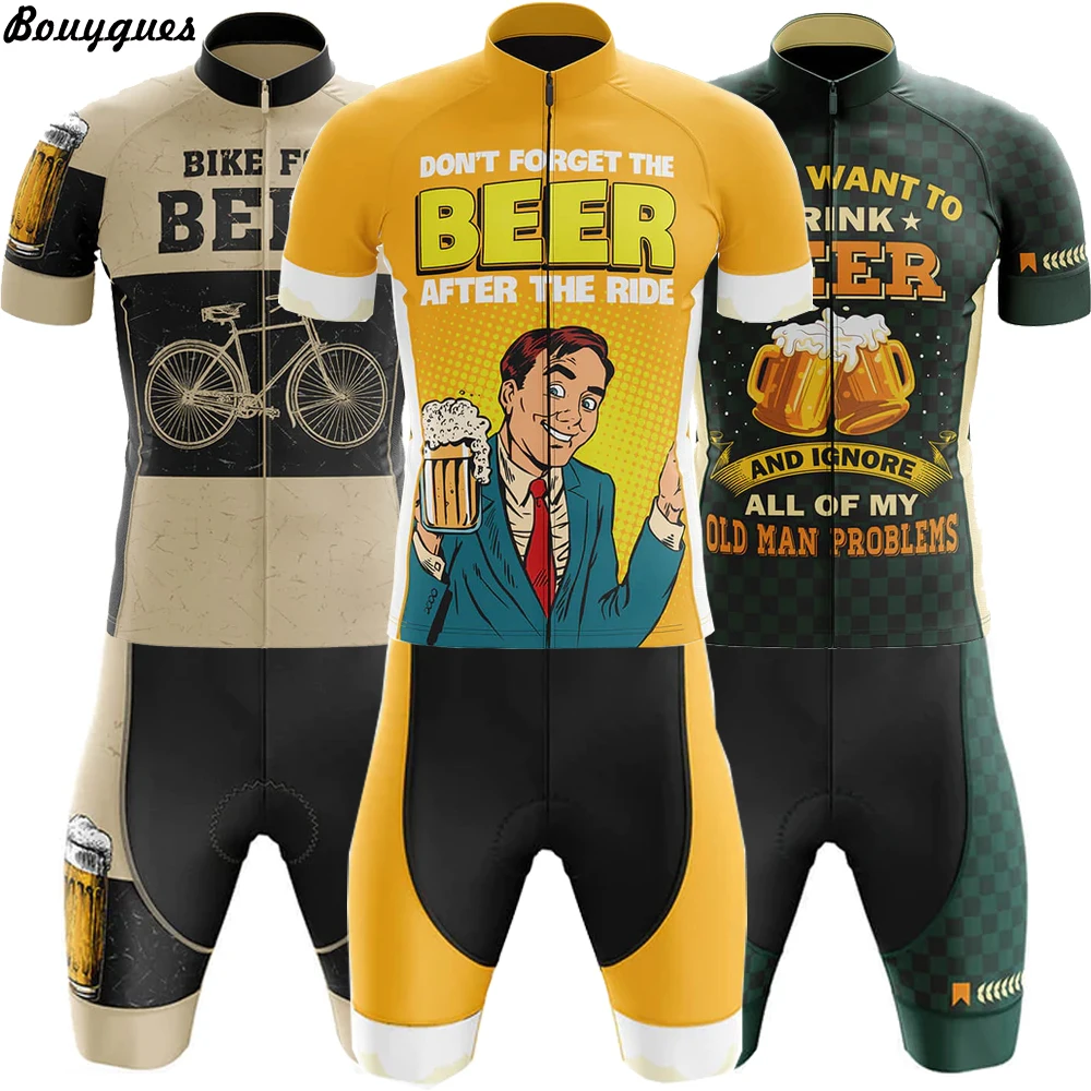 New BEER Cycling Jersey Set Maillot Ciclismo Hombre Men Short Sleeve Cycling Wear MTB Bike Suit Bib/Shorts Breathable Gel Pad