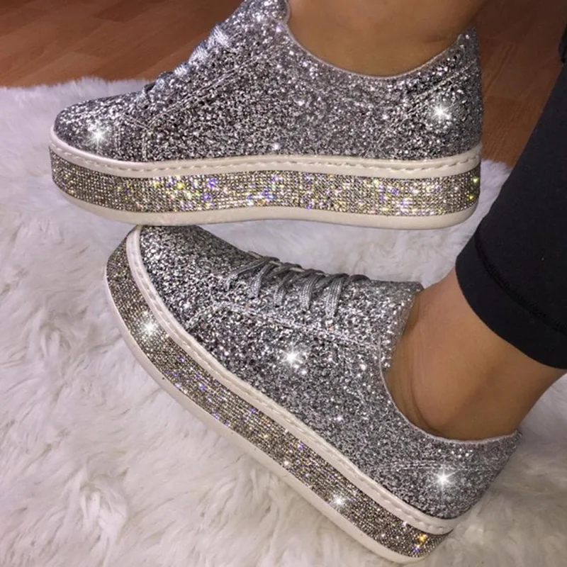 

Women Glitter Flat Sneakers Casual Female Mesh Lace Up Bling Platform Comfortable Plus Size Vulcanized Shoes Knitting