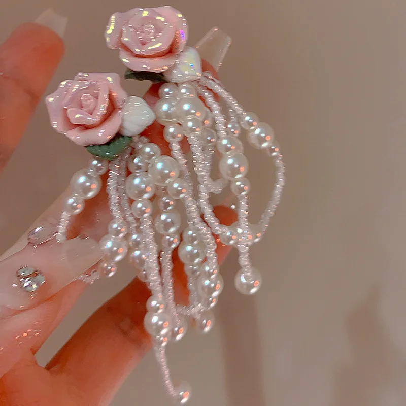 

Корейские модные розовые серьги из смолы с жемчугом и кисточками Висячие серьги для женщин Роскошные Супер сказочные свежие серьги ювелирные изделия