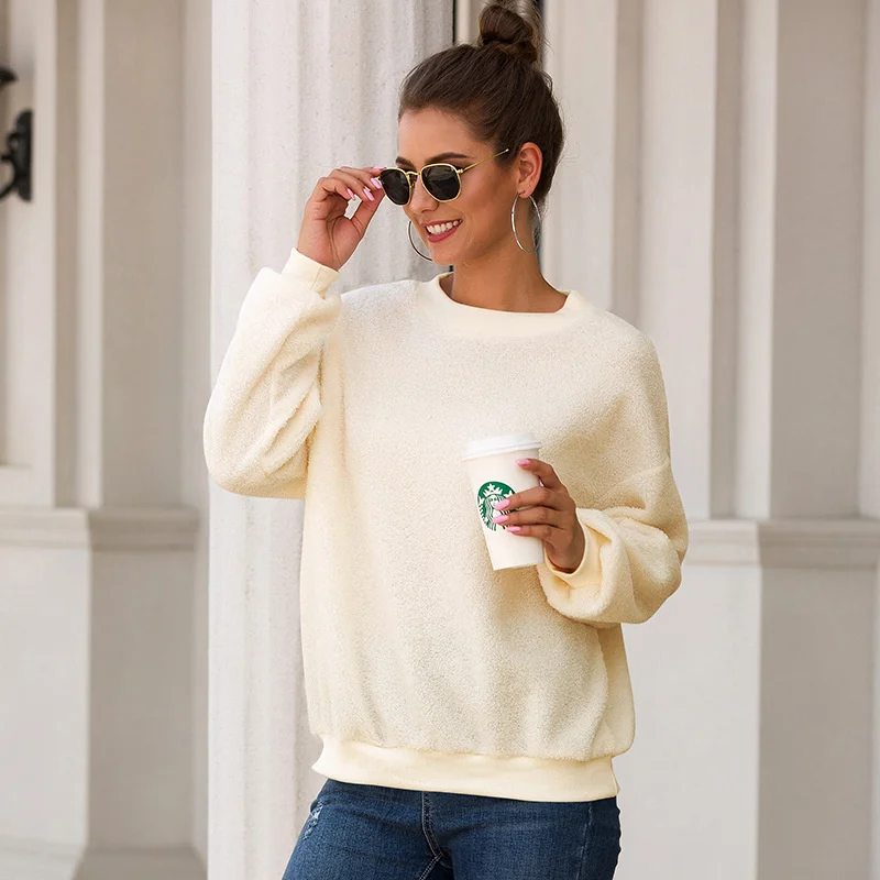 

Autumn Spring Solid White Black Pink Gray Female Tops O-neck T-Shirts Loose Casual Womens Long Sleeve Tops Soft Warm T Shirts