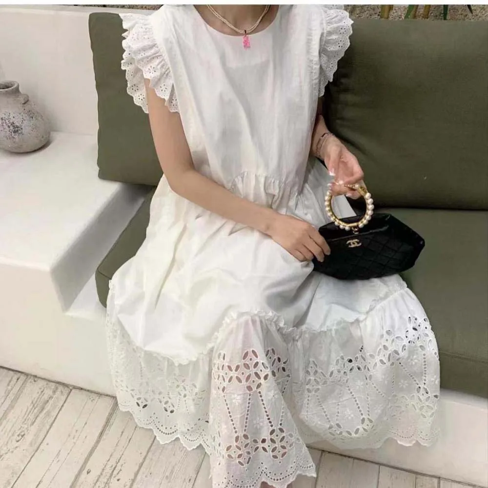 

Dress Temperament Patchwork Loose Long Crochet Stitching Dress Solid Color Korea Japan Style Elegant Chic 2022 Summer New
