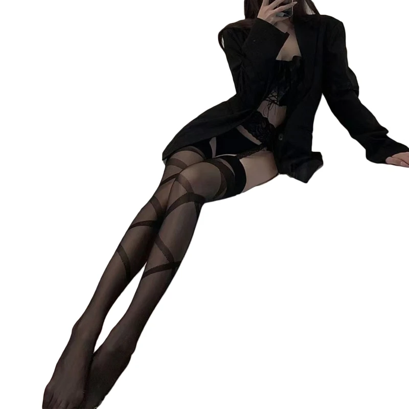 

Women Sexy Crisscross Striped Sheer Stockings with Garter Belt See Through Black Suspender Pantyhose Tights Lingerie 37JB