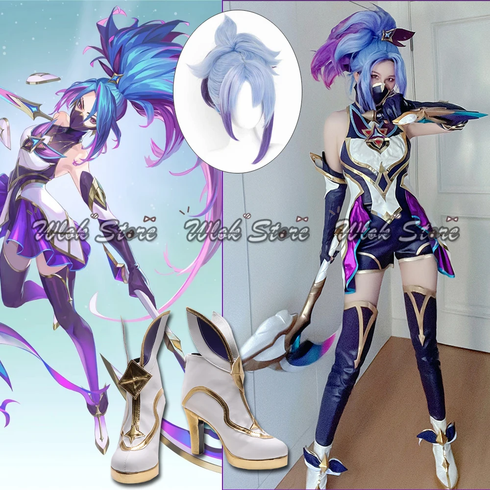Фото Игра LOL Star Guardian Akali Косплей Костюм Платье из искусственной кожи Парик Сапоги по индивидуальному заказу Обувь Женская карнавальная форма для Хэллоуина №1