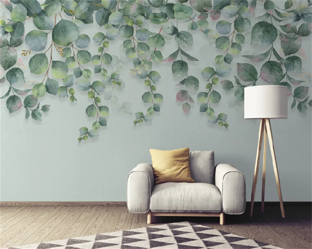 

Small fresh hand-painted watercolor green leaves Nordic minimalist TV background wall home decor mural wallpaper for bedroom