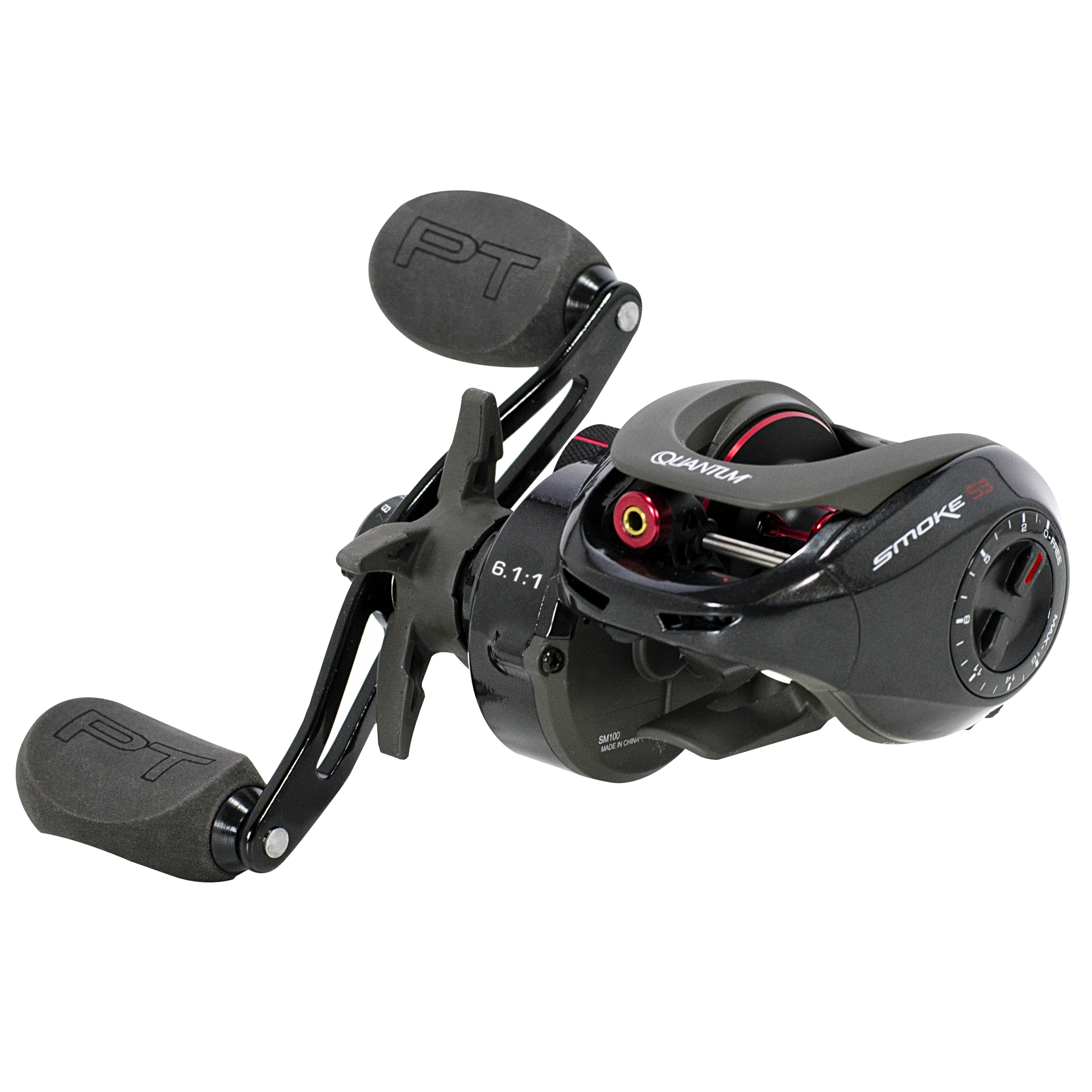 

Smoke Baitcast Fishing Reel, Size 100 Reel, Right-Hand Retrieve, Large EVA Handle Knobs and Continuous Anti-Reverse Clutch, 10+1