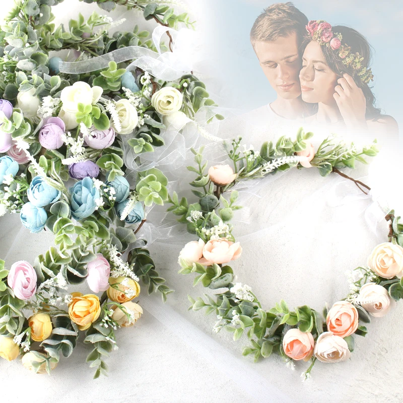 

Spring Flower Crowns Beach Hawaii Floral Garland Romantic Faux Rose Wedding Wreaths New Flower Headband Hair Accessories ML