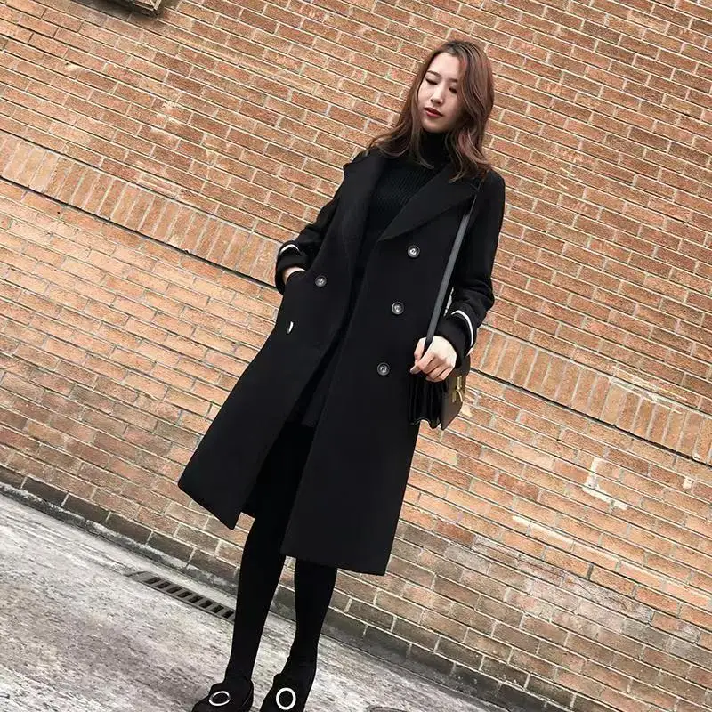 

Black Hepburn Knee-length Woolen Coat 2023 Autumn And Winter New Fashion Temperament Medium And Long Woolen Coat Women