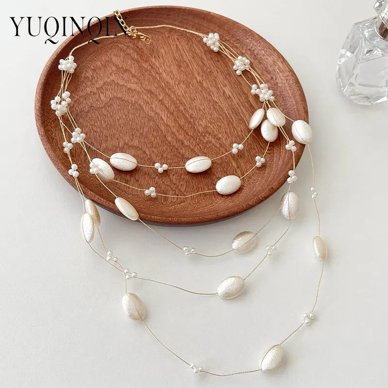 Ожерелье женское многослойное длинное с имитацией жемчуга и бусинами