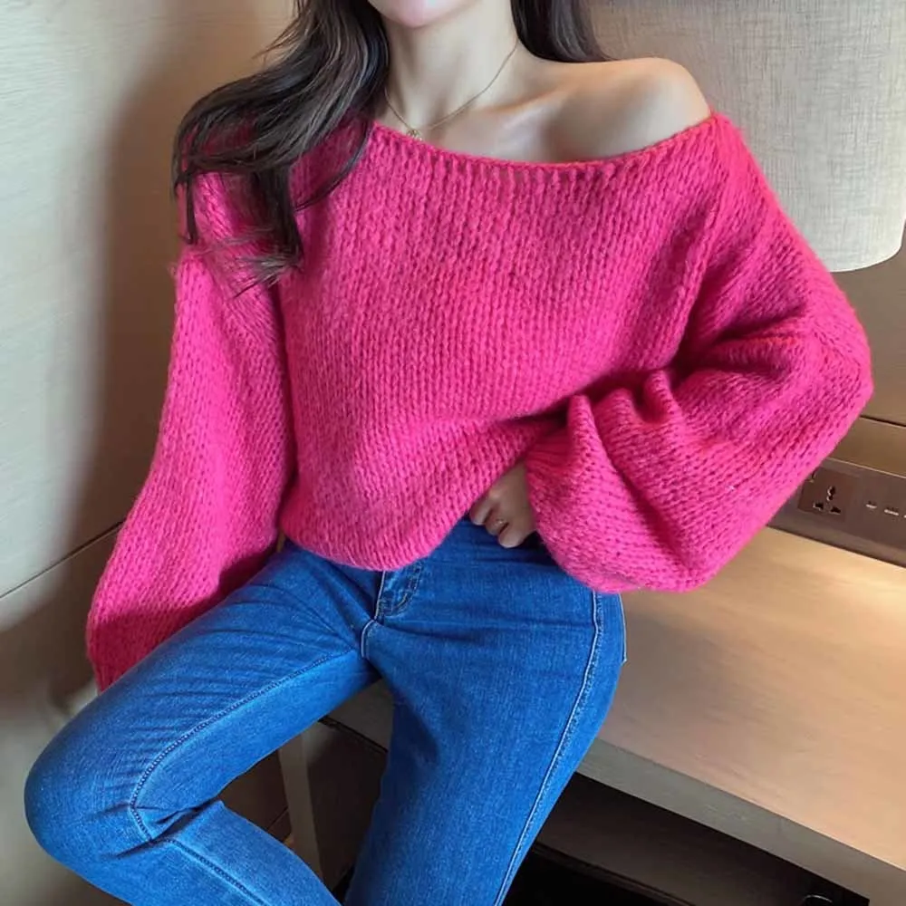 

Solid colors Knitted Sweater Pullover Women 2023 Autumn Winter Korean Long Sleeve Off Shoulder Loose Elegant Ladies Jumper