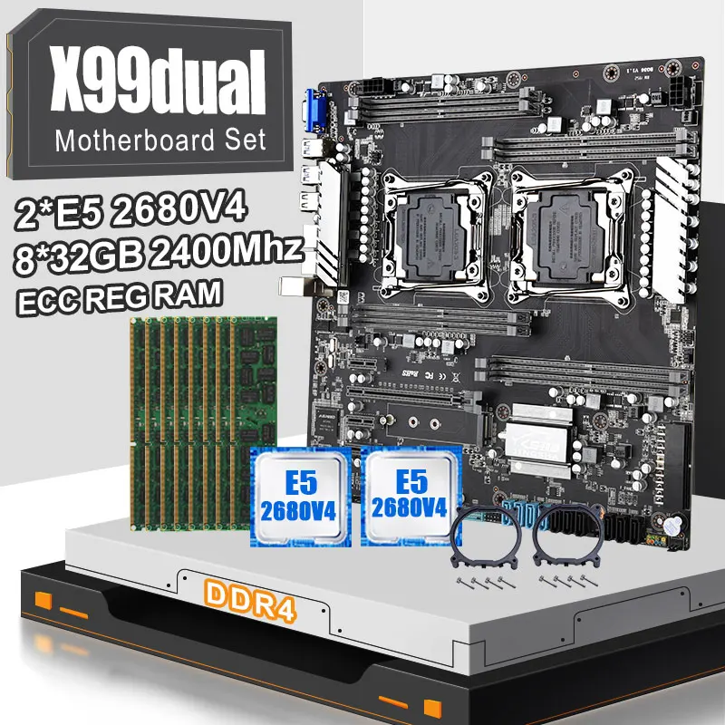 

Комплект материнской платы JINGSHA X99 Dual LGA 2011-3 с E5 2680V4 и 8 шт. 32 Гб DDR4 2400 МГц ECC REG ОЗУ до 256 ГБ