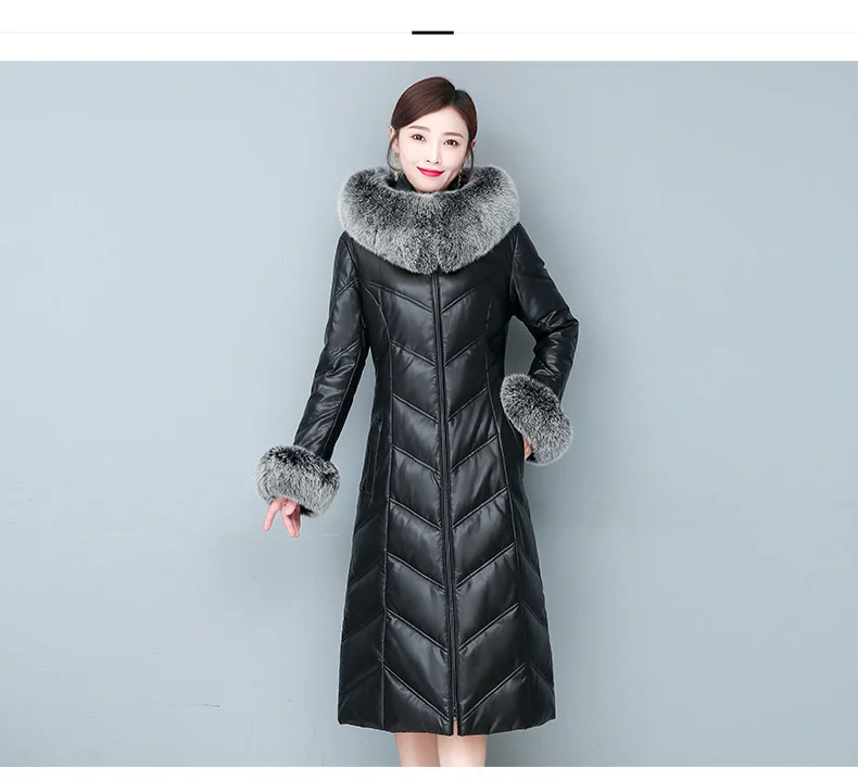 

2023Leather jacket,Women Winter Jackets Leather Coat Down Jacket Medium Long Korean Version Slim Fitting Fox Fur Collar Sheep Fu