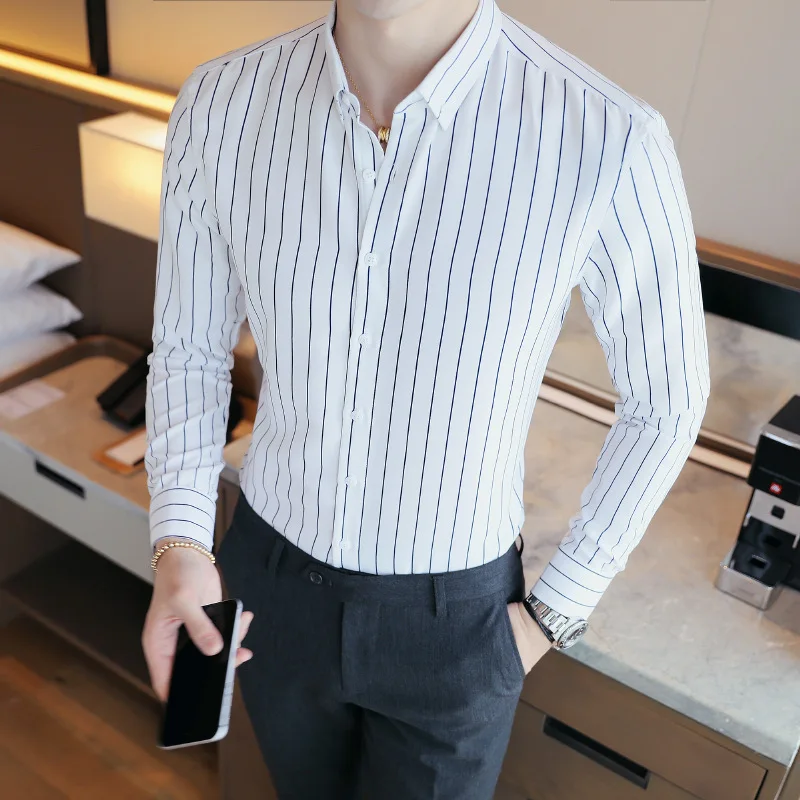 

2023 New Autumn Men's Long Sleeve Shirt Korean Style Slim White Striped Shirt Japanese Men Youth Hawaiian Casual Shirt Hawaii