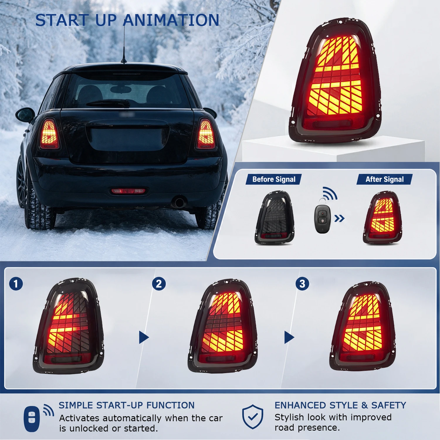 Фото Светодиодные задние фонари HCMOTIONZ для Mini R56 R57 R58 R59 2007-2014 с последовательной подсветкой, анимацией запуска, ДХО, стоп-сигналом, двойной подсветкой заднего хода и противотуманными фарами (красные/дымчатые) №5