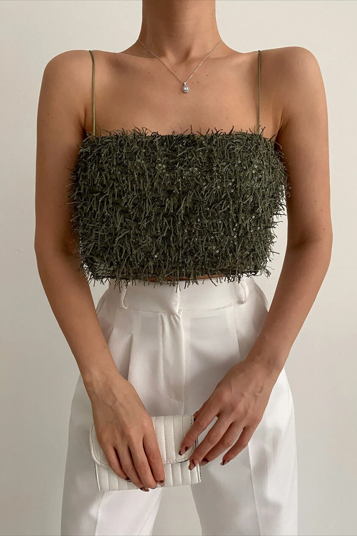 

Women's Summer Crop Top Blouse Khaki Tasseled Crop Top Top Vest Blouse