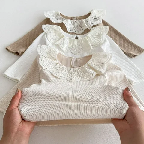 Новая детская осенне-зимняя одежда, детские топы с кружевным воротником, детский пуловер с длинными рукавами, футболка для младенцев, одежда для девочек, блузка для малышей