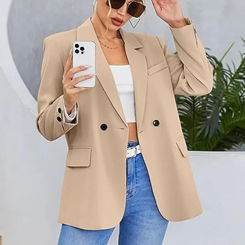 

Women Fashion Apricot Loose Suit Jacket OL Autumn Vintage Solid Color Blazers Double Breasted Female Chic Coat Blazer Mujer 2023