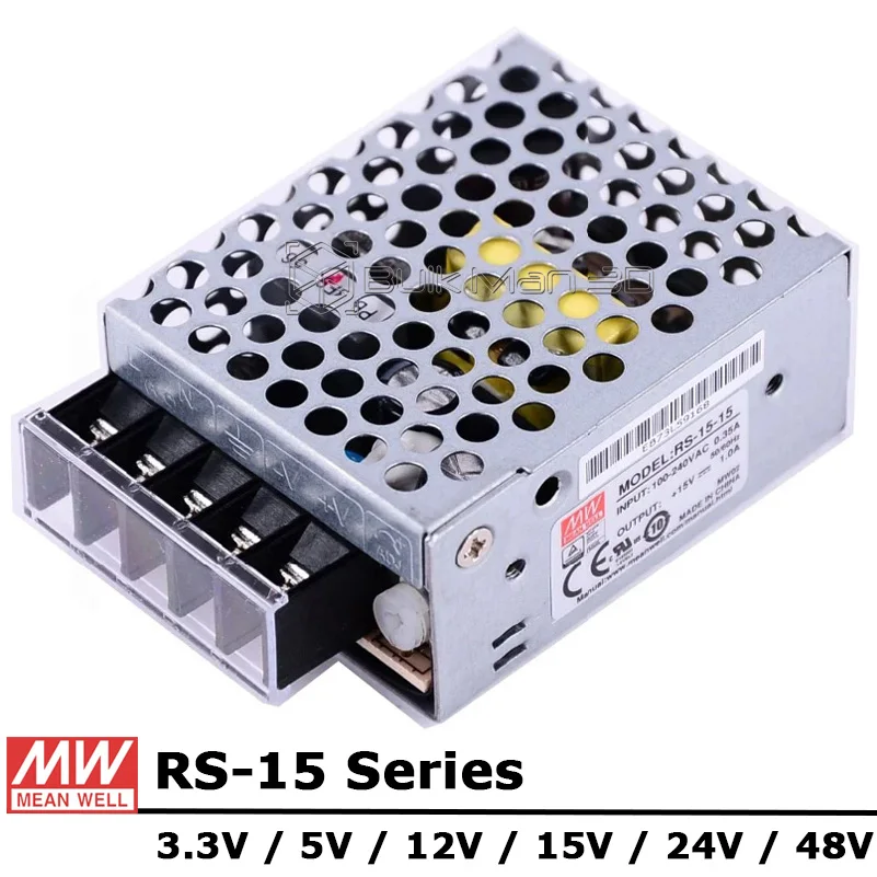 

Mean Well RS-15 Series 15W 3.3V 5V 12V 15V 24V 48V Single Output Switching Power Supply Unit