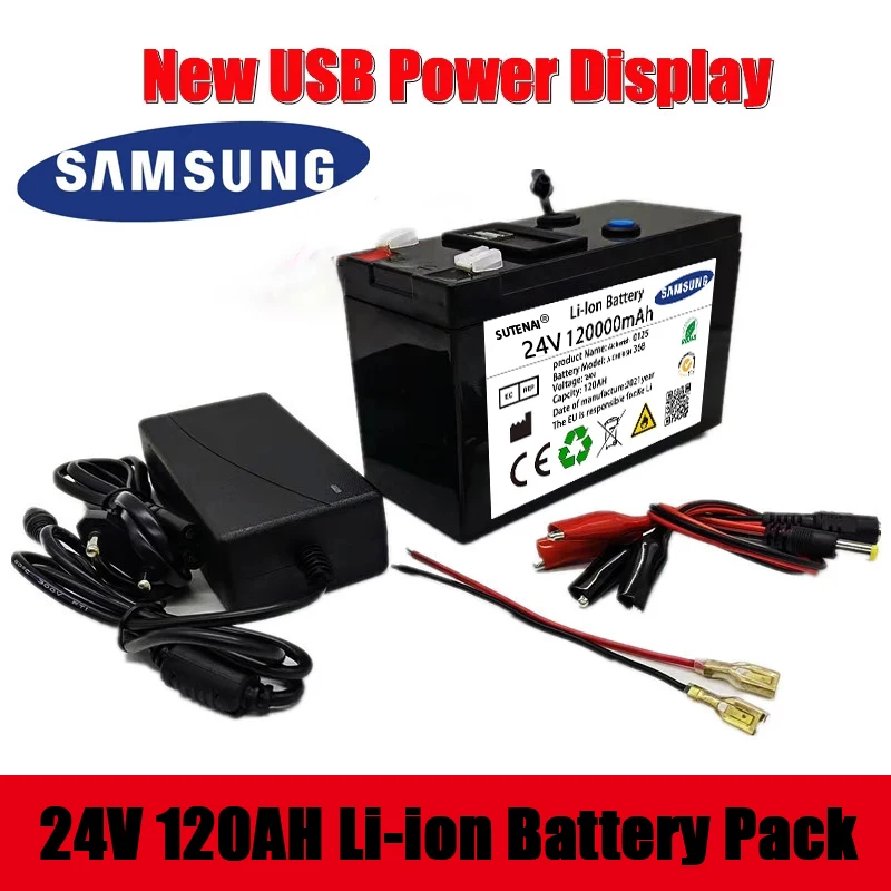 

New 24V 120000MAh Portable And Rechargeable 18650 Battery Built-In 5V 2.1A USB Power Display Charging Port With + 25.2V Charger