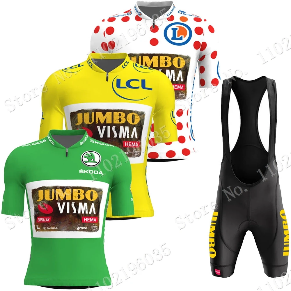 

Team 2022 Jumbo Visma Cycling Jersey Set France TDF Men Cycling Clothing Yellow Green Polka dot Road Bike Shirt Suit MTB Pants