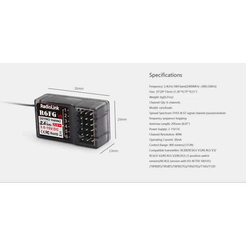 Фото Radiolink R4FGM R4F R6FG R6F R6DSM R6DS R7FG R8F R8EF R8FM R8SM R12DSM R12DS R9DS Мини-приемник RC для радиоуправляемых автомобилей Лодки Дрон №5