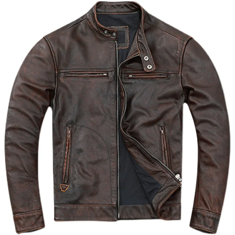 

Retro Distressed Cowhide Leather Jacket Men's Real Leather Jacket Motorcycle Jacket Youth Slim Fit Unlined Coat Fashion
