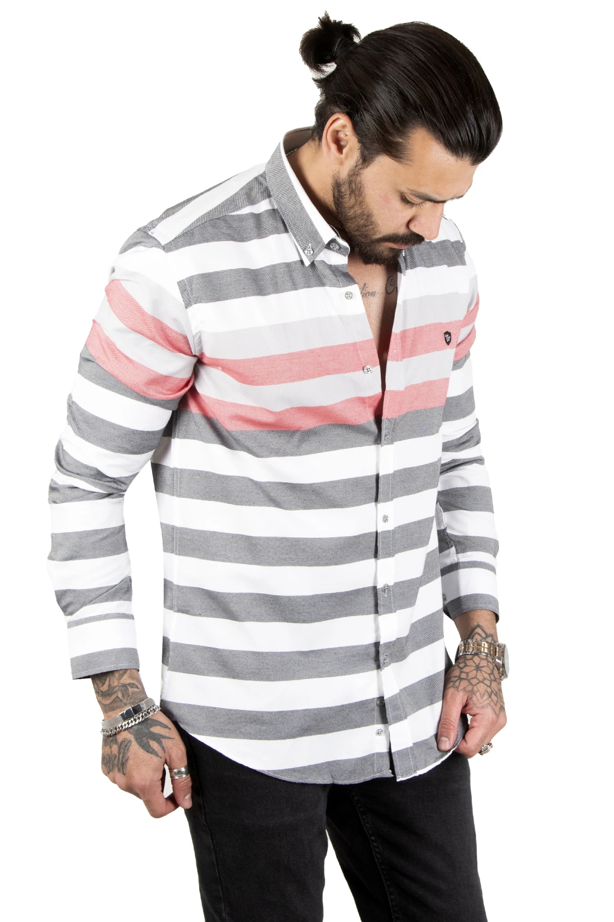 DeepSEA horizontal thick striped dotted patterned men's shirt 2207519