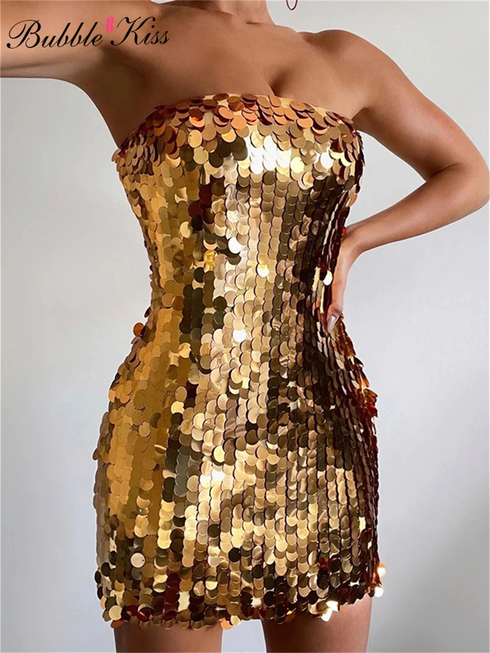 

BubbleKiss Sequin Dress Women Gold Sexy Strapless Slim Sequins Dress Female Birthday Prom Holiday Party Vacation
