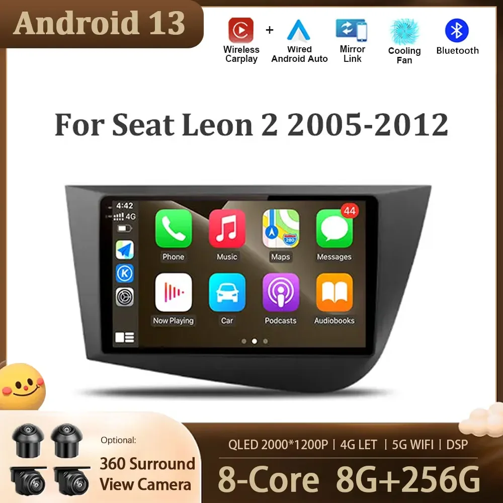 

Автомагнитола на Android 13 для Seat Leon 2 2005 - 2012 с GPS-навигацией и экраном, Автомобильный мультимедийный видеоплеер с GPS 4G LET BT Carplay