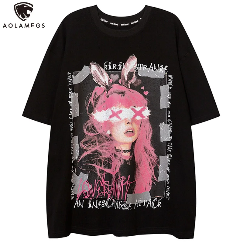 Aolamegs Oversized T-shirts Streetwear Homem Hip Hop Menina Coelho Orelhas Imprimir Camisetas Masculinas Casal Verão Gótico Alta Rua Casual Topos