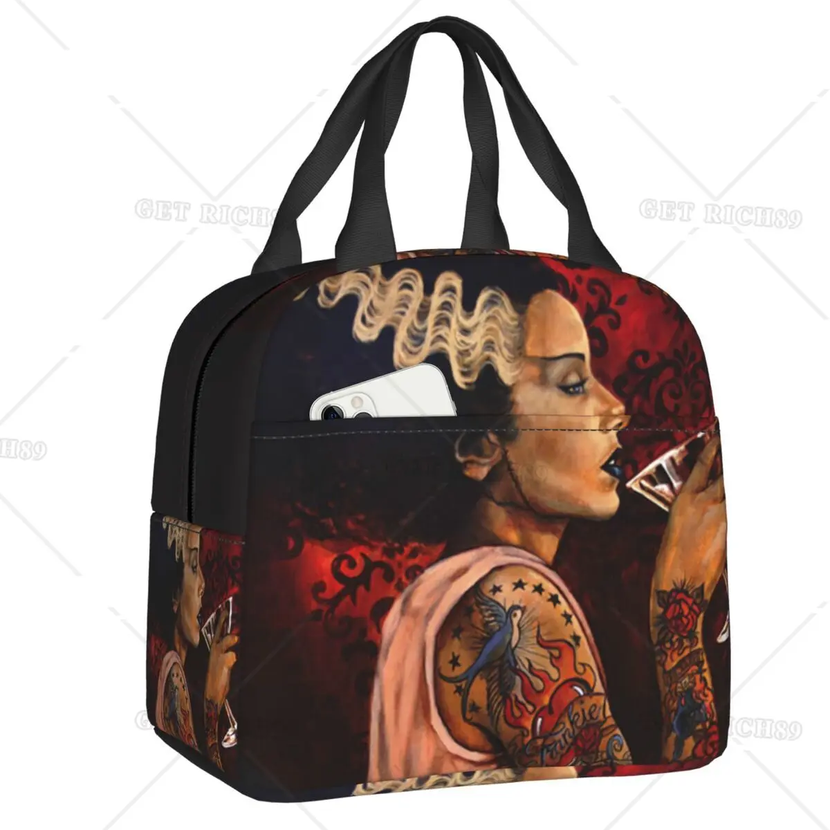 

Bride Cocktail Tattoo Art Lunch Bag Cooler Thermal Insulated Frankenstein Monster Lunch Box for Women Kids School Food Bags