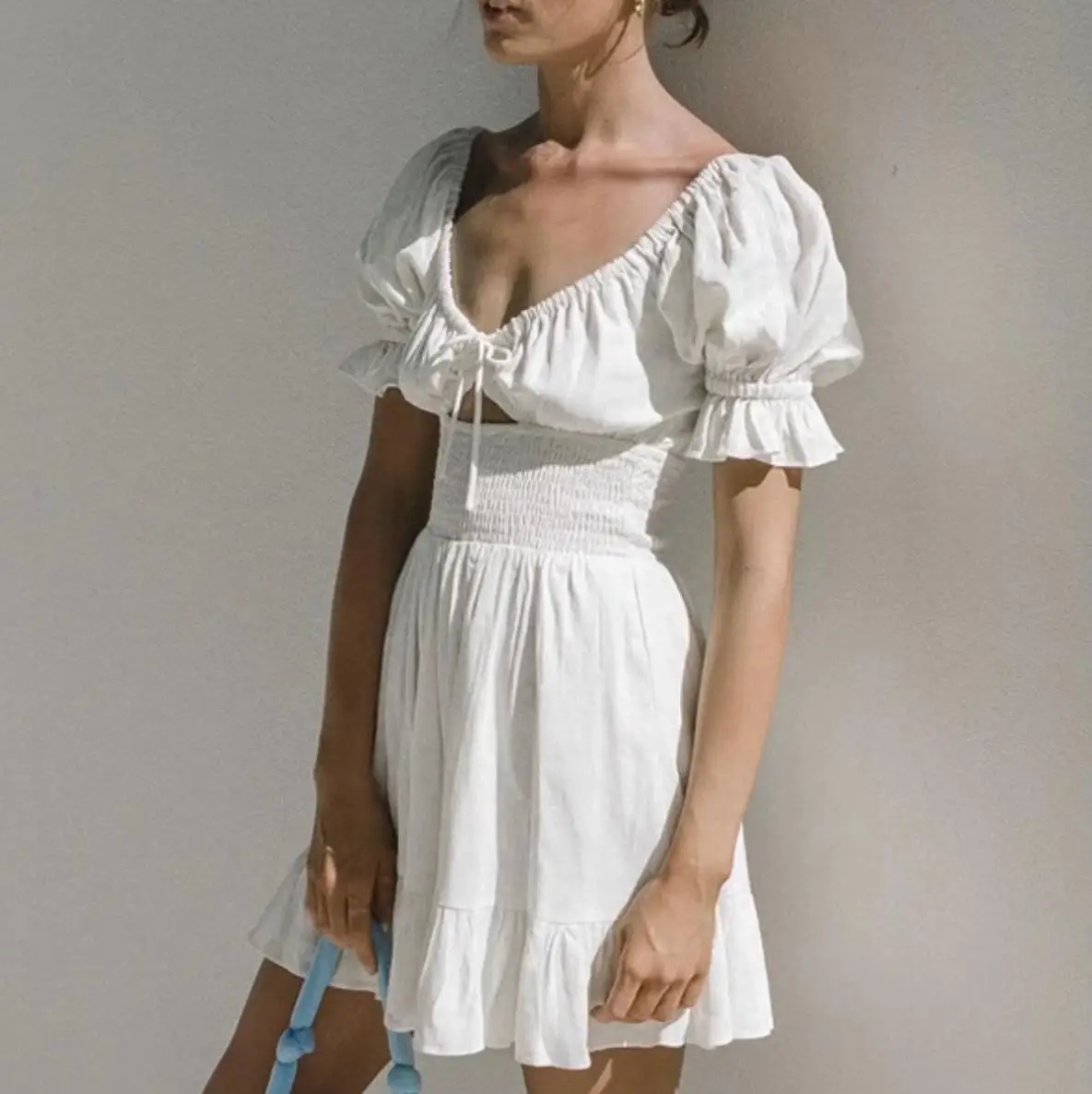 

Белое платье с коротким рукавом, летние платья для женщин 2022, модное мини-платье, женские элегантные винтажные платья белого цвета с пышными рукавами